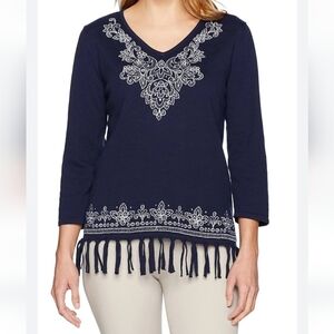 Alfred Dunner Women's Petite Embroidered Fringe Sweater Navy Size PL